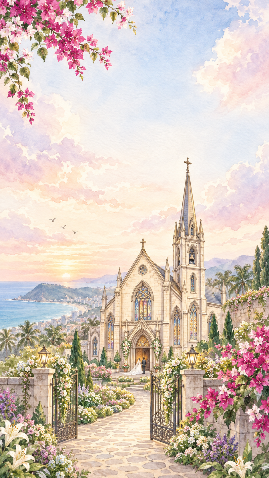 Watercolour church surrounded by a flower garden at sunrise