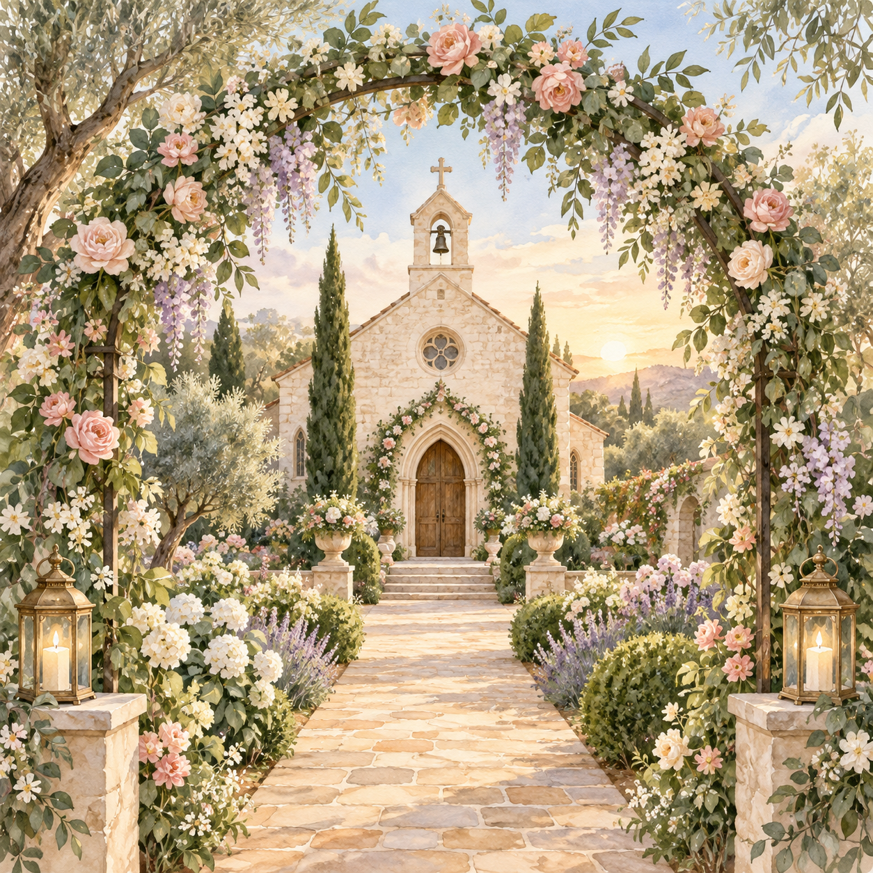 Watercolor church framed by a flower-covered garden arch, lanterns, and a sunlit path